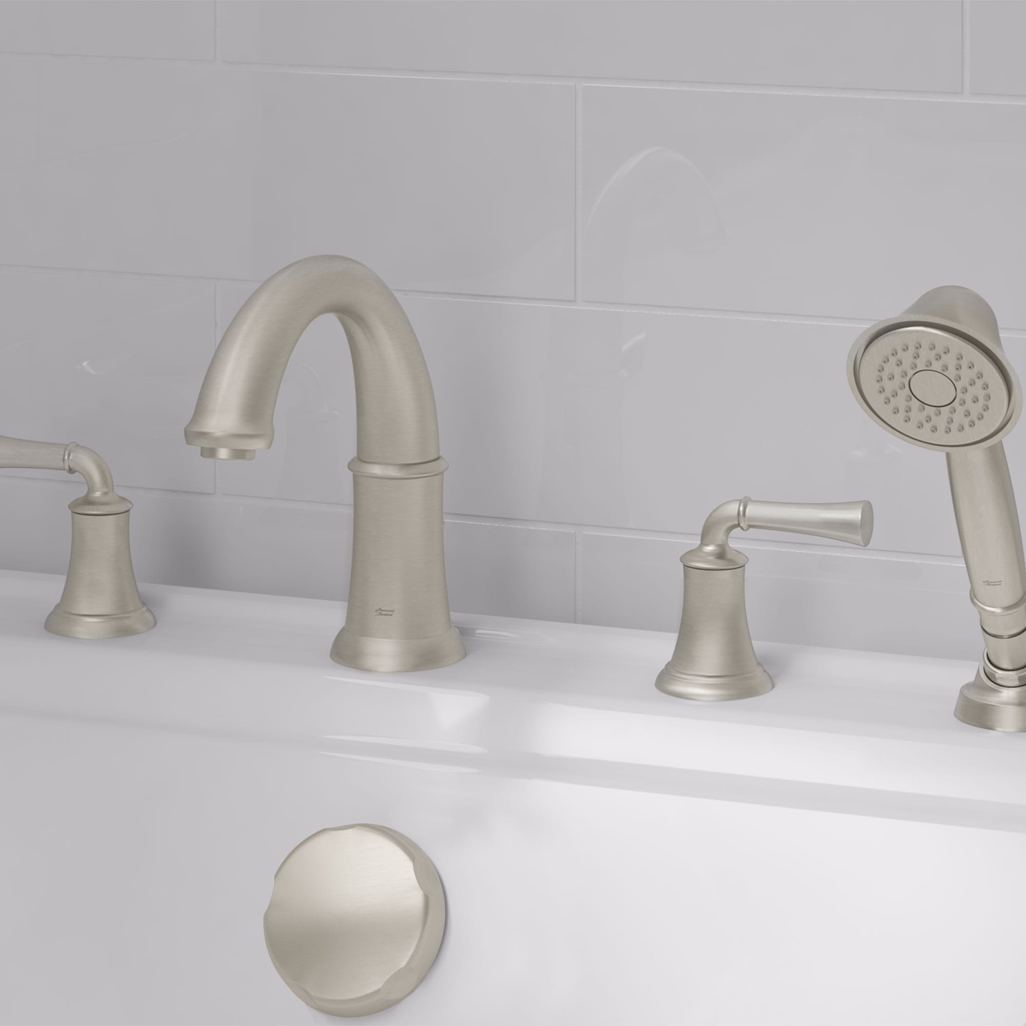Portsmouth Bathtub Faucet with Personal Shower for Flash Rough in Valve with Lever Handles   BRUSHED NICKEL